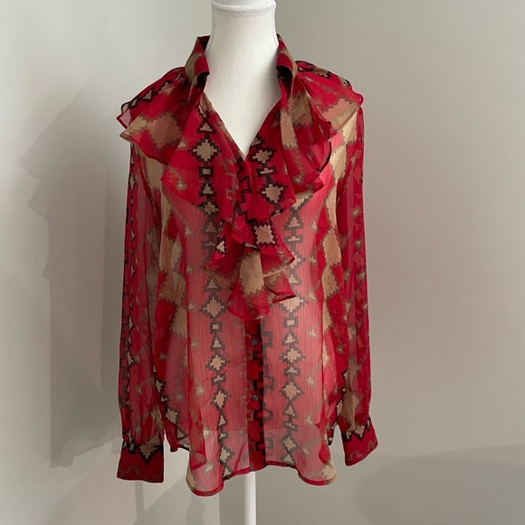 Lauren Ralph Lauren Red Aztec Southwestern Ruffle Button Up Sheer Blouse Size M - Picture 2 of 9